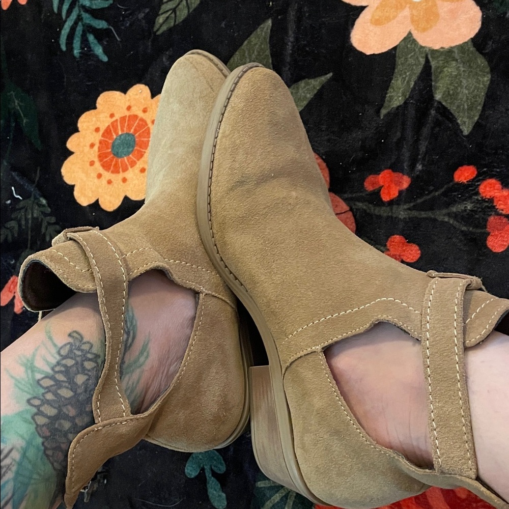 Suede Tan Cutout Ankle Booties with Buckle Strap - Picture 7 of 10